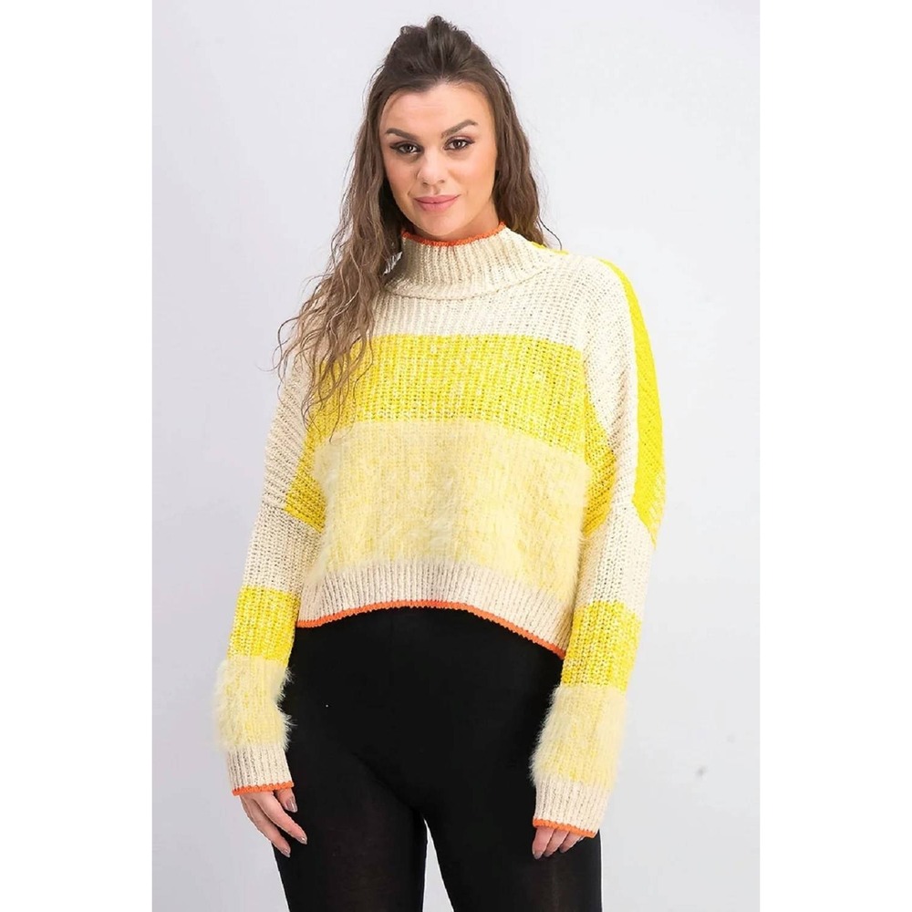 Free People Yellow Striped Cropped Mock Neck Chunky Knit Sweater Small - Picture 11 of 11